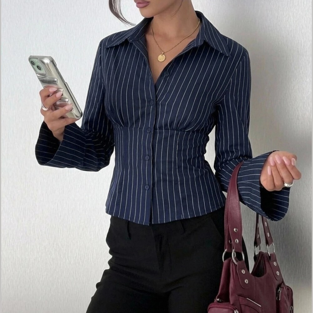 Navy Blue Pinstripe Button Front Collared Fitted Long Sleeve Blouse